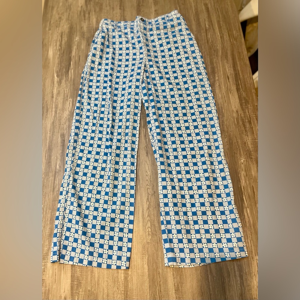 Blue and White Retro Patterned Checkered Pants